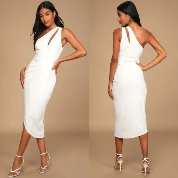 Lulu's So Flirty White One-Shoulder Cutout Asymmetrical Midi Dress S Wedding - Picture 1 of 10